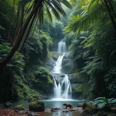 The primary subject of the image is a brown bear standing in a river, surrounded by rocks and water. The setting is a lush, green forest with a waterfall in the background. The visual style is a photo, capturing the bear in its natural habitat. The colors and mood of the image are vibrant and serene, with the bear and the forest creating a sense of tranquility and harmony with nature.